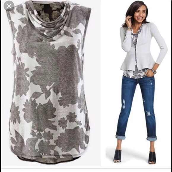 CAbi Tango Tank Black White Floral - Picture 1 of 6